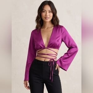 5 For $25✨New+Tag Womens Small Purple Satin Longsleeved Cropped Top Tie Up Shirt
